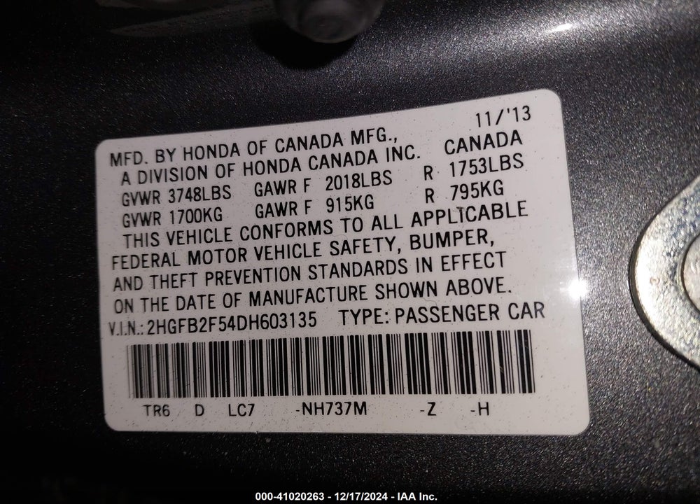 2013 HONDA CIVIC VIN: 2HGFB2F54DH603135