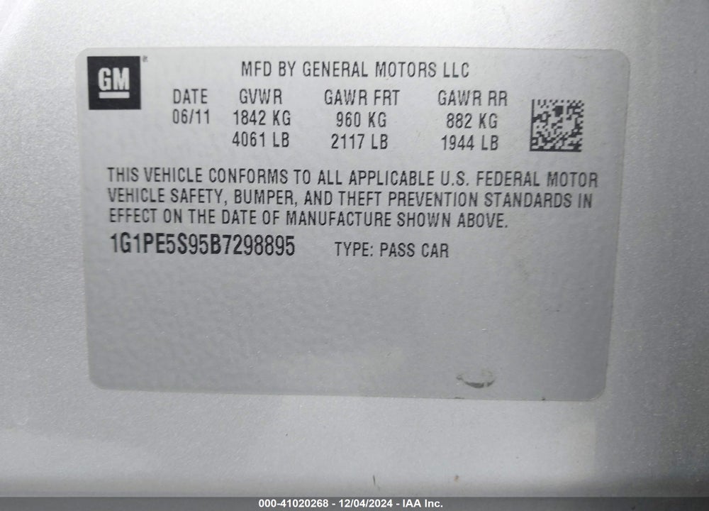 2011 CHEVROLET CRUZE LT VIN: 1G1PE5S95B7298895