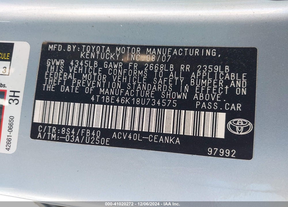 2008 TOYOTA CAMRY LE VIN: 4T1BE46K18U734575