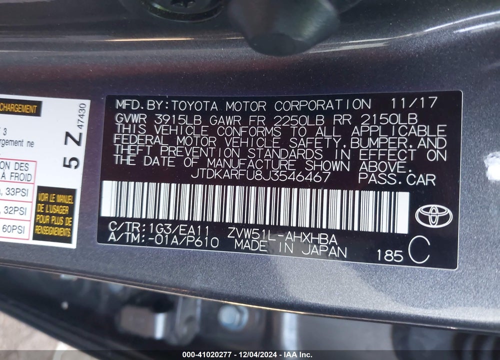 2018 TOYOTA PRIUS THREE TOURING VIN: JTDKARFU8J3546467