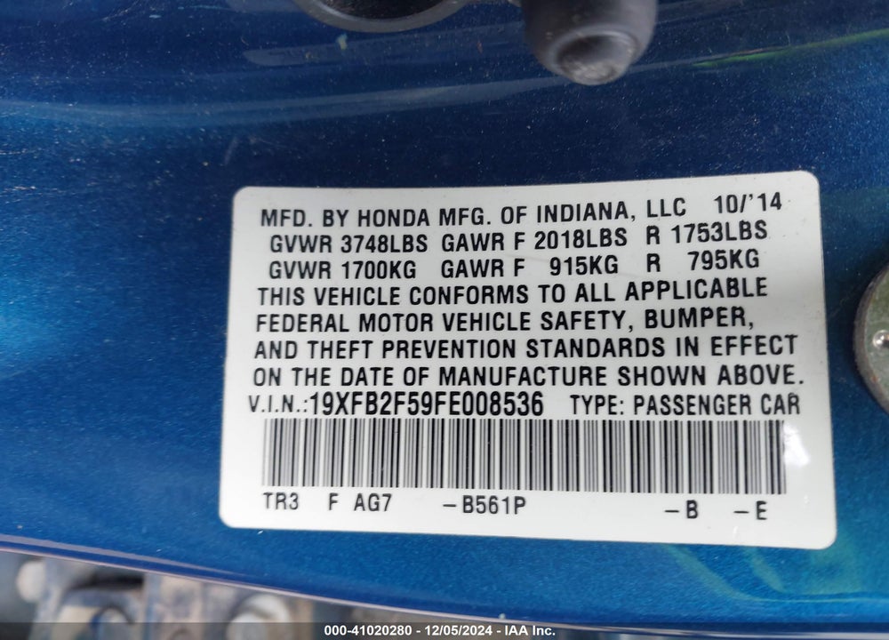 2015 HONDA CIVIC LX VIN: 19XFB2F59FE008536