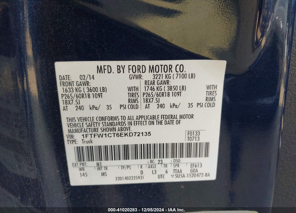 2014 FORD F-150 VIN: 1FTFW1CT6EKD72135