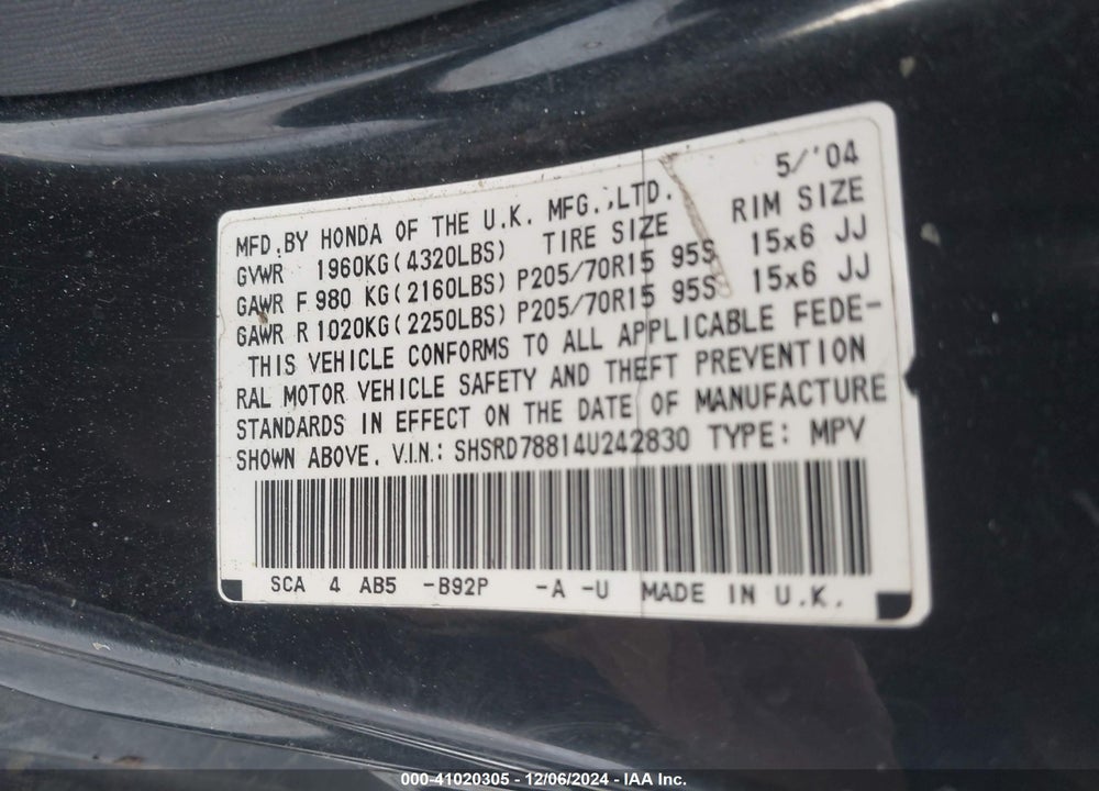 2004 HONDA CR-V EX VIN: SHSRD78814U242830