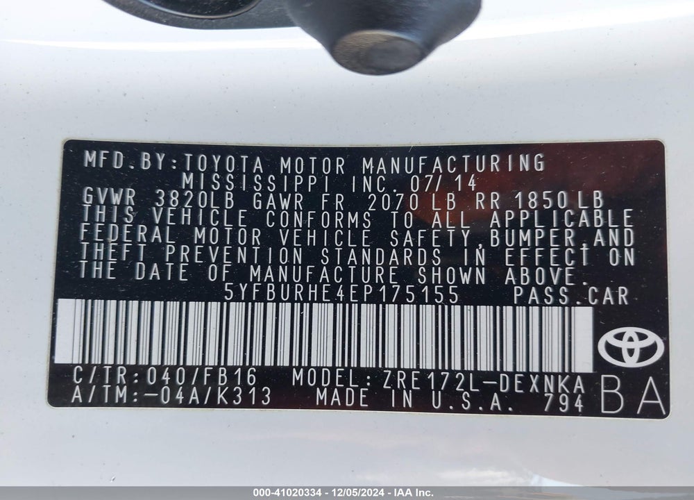 2014 TOYOTA COROLLA LE VIN: 5YFBURHE4EP175155