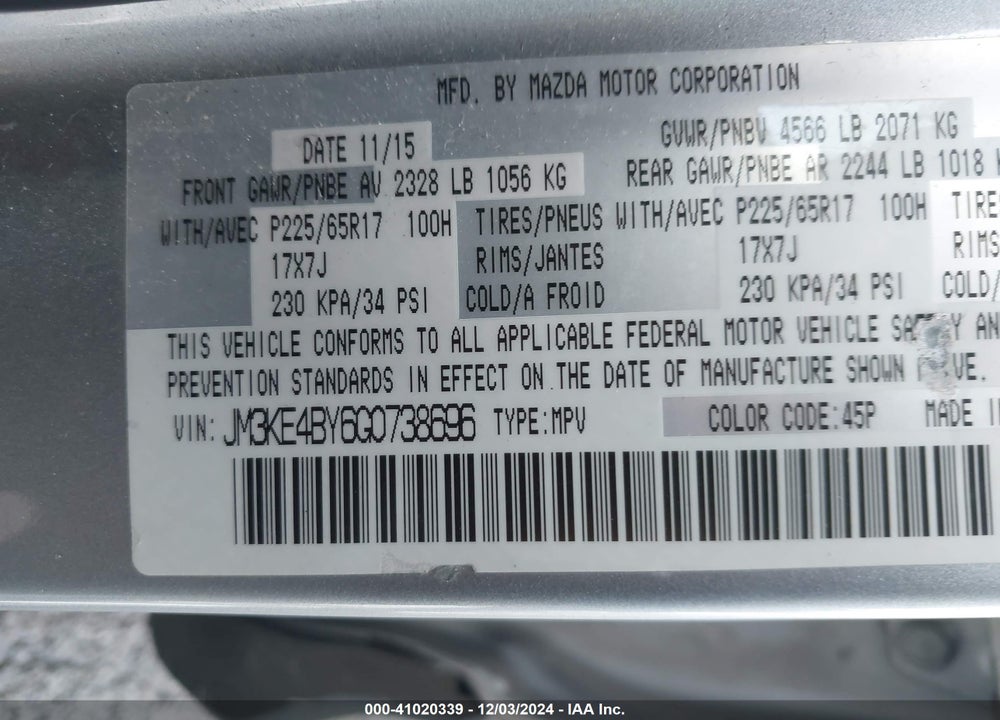 2016 MAZDA CX-5 SPORT VIN: JM3KE4BY6G0738696