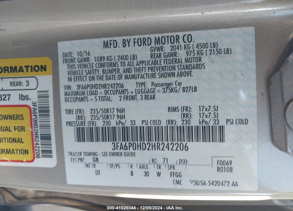 2017 FORD FUSION VIN: 3FA6P0HD2HR242206
