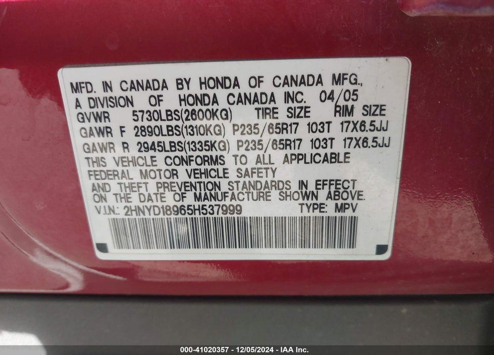 2005 ACURA MDX VIN: 2HNYD18965H537999