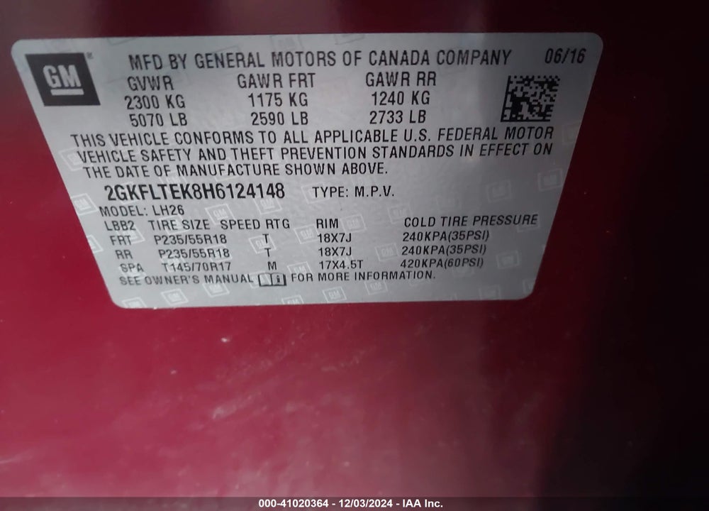 2017 GMC TERRAIN SLE-2 VIN: 2GKFLTEK8H6124148