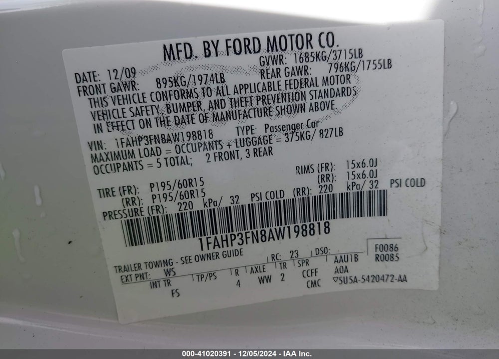 2010 FORD FOCUS SE VIN: 1FAHP3FN8AW198818