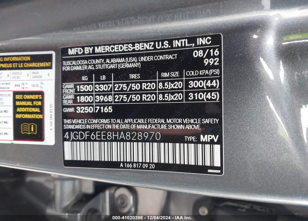 2017 MERCEDES-BENZ GLS 450 4MATIC VIN: 4JGDF6EE8HA828970