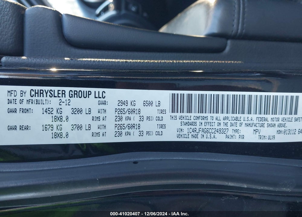 2012 JEEP GRAND CHEROKEE LAREDO VIN: 1C4RJFAG6CC249327