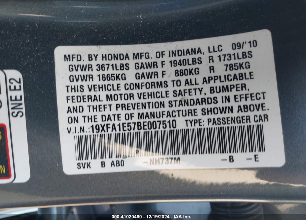 2011 HONDA CIVIC VIN: 19XFA1E57BE007510
