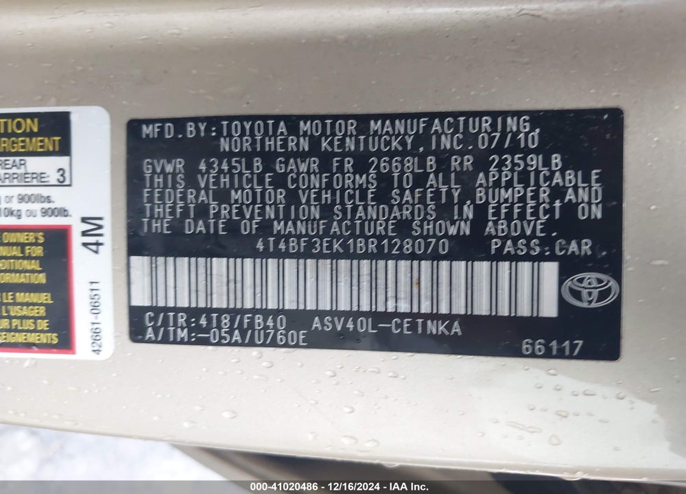 2011 TOYOTA CAMRY LE VIN: 4T4BF3EK1BR128070