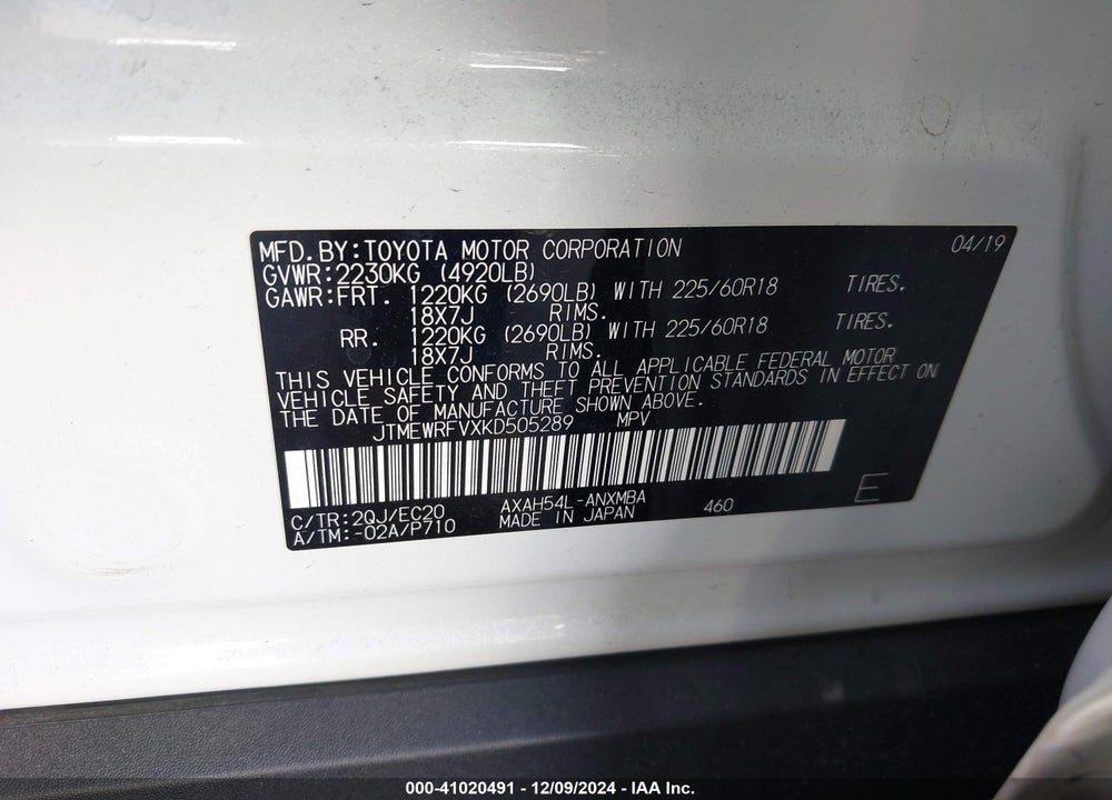 2019 TOYOTA RAV4 HYBRID XSE VIN: JTMEWRFVXKD505289