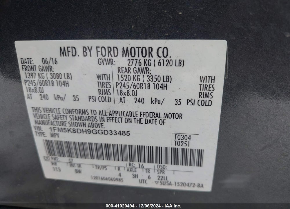 2016 FORD EXPLORER XLT VIN: 1FM5K8DH9GGD33485