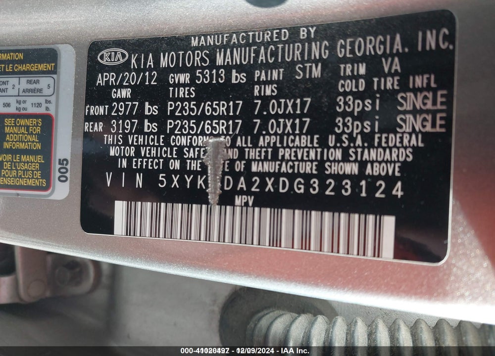 2013 KIA SORENTO VIN: 5XYKTDA2XDG323124