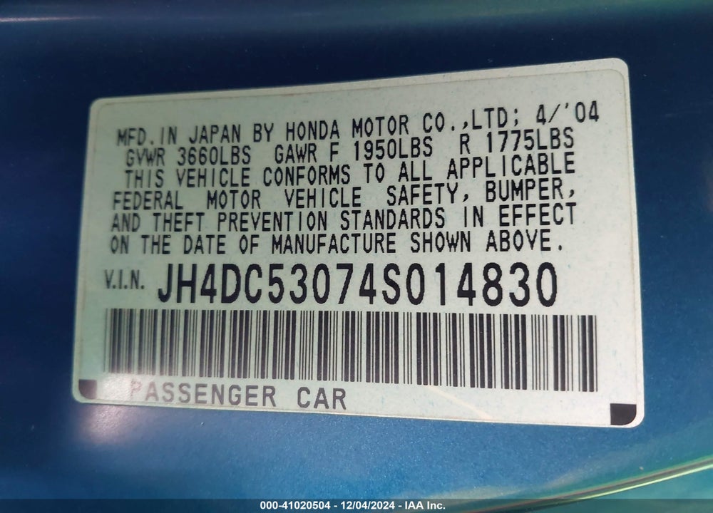 2004 ACURA RSX TYPE-S VIN: JH4DC53074S014830