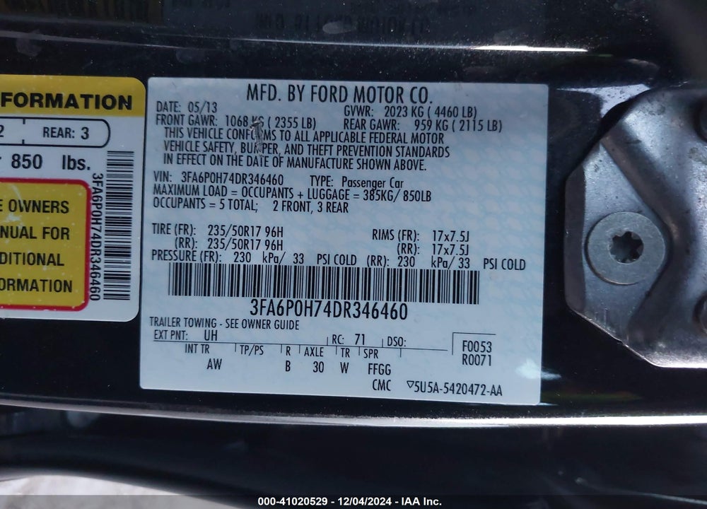 2013 FORD FUSION SE VIN: 3FA6P0H74DR346460