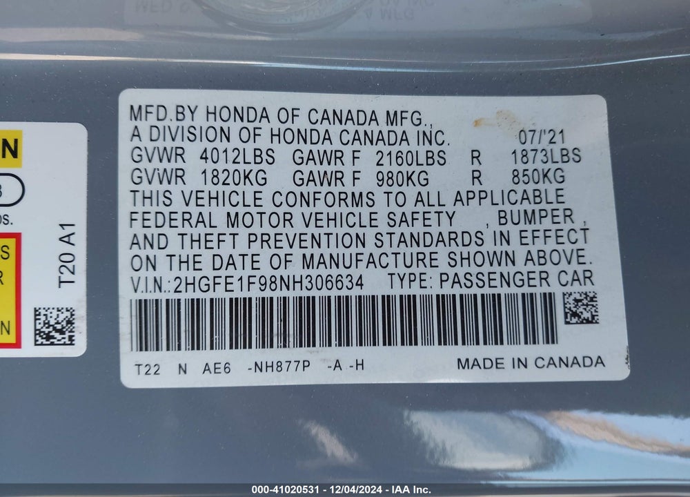 2022 HONDA CIVIC TOURING VIN: 2HGFE1F98NH306634