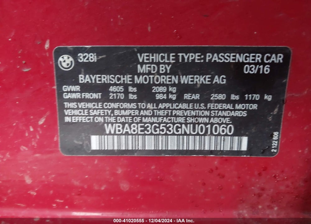 2016 BMW 328I XDRIVE VIN: WBA8E3G53GNU01060