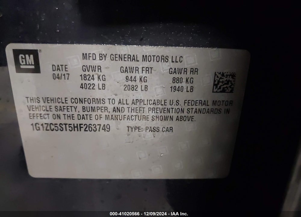 2017 CHEVROLET MALIBU 1FL VIN: 1G1ZC5ST5HF263749