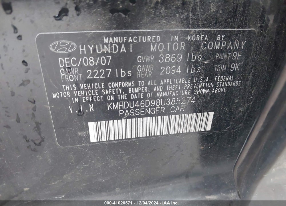 2008 HYUNDAI ELANTRA GLS/SE VIN: KMHDU46D98U385274