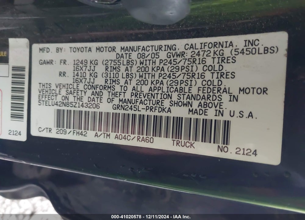 2005 TOYOTA TACOMA BASE V6 VIN: 5TELU42N85Z143206