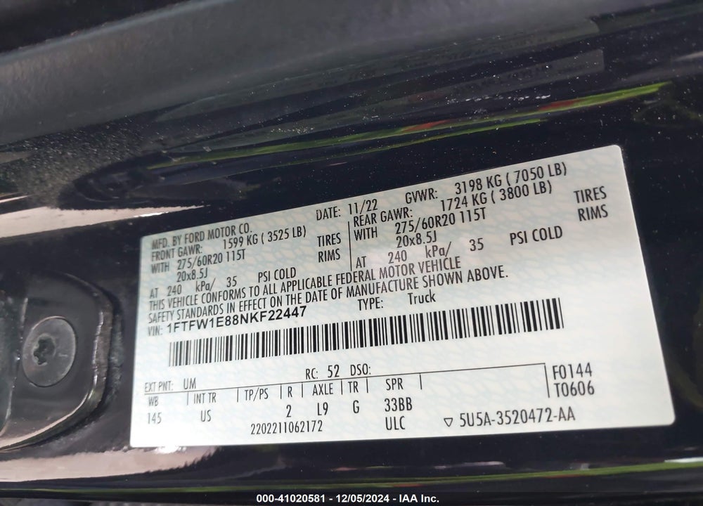 2022 FORD F-150 VIN: 1FTFW1E88NKF22447