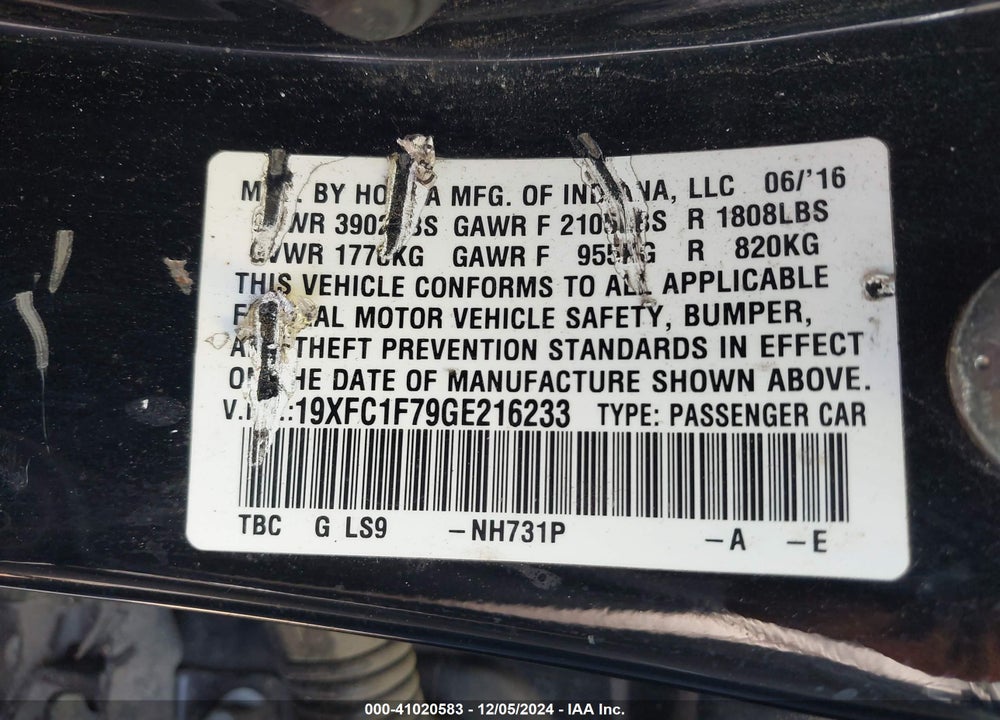 2016 HONDA CIVIC EX-L VIN: 19XFC1F79GE216233