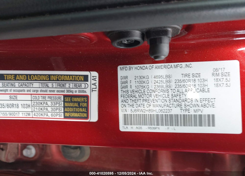 2017 HONDA CR-V EX-L/EX-L NAVI VIN: 5J6RW2H89HL062237