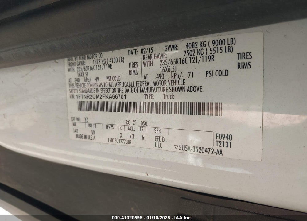 2015 FORD TRANSIT-250 VIN: 1FTNR2CM2FKA66701