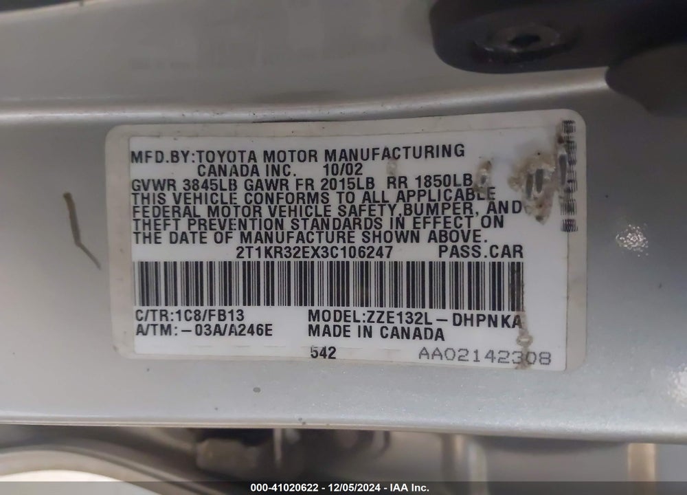 2003 TOYOTA MATRIX/XR VIN: 2T1KR32EX3C106247