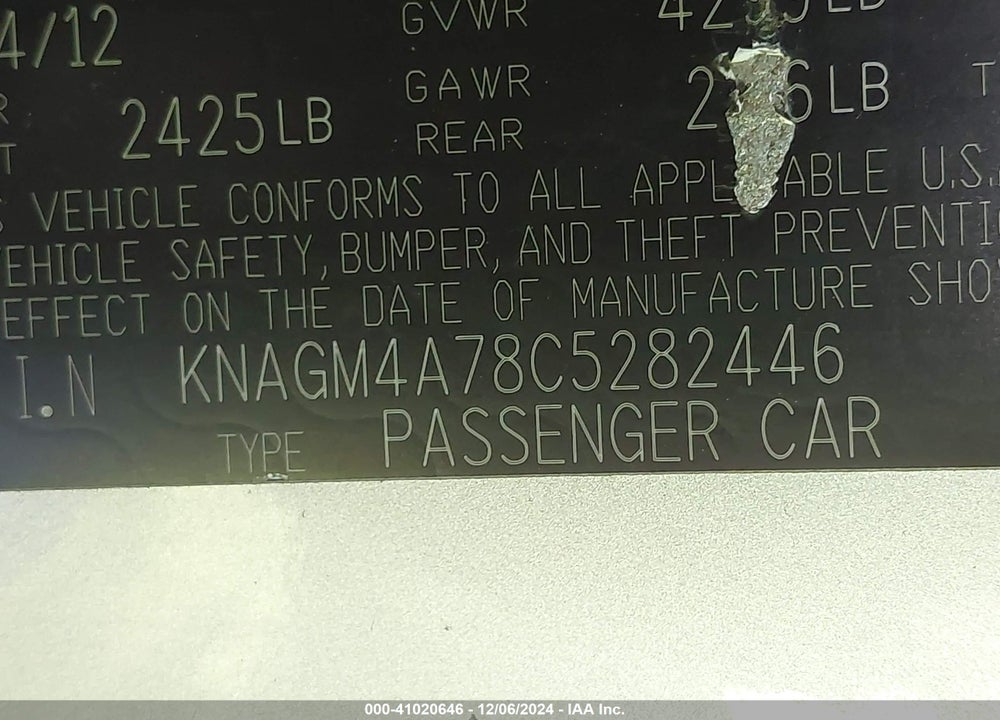 2012 KIA OPTIMA LX VIN: KNAGM4A78C5282446