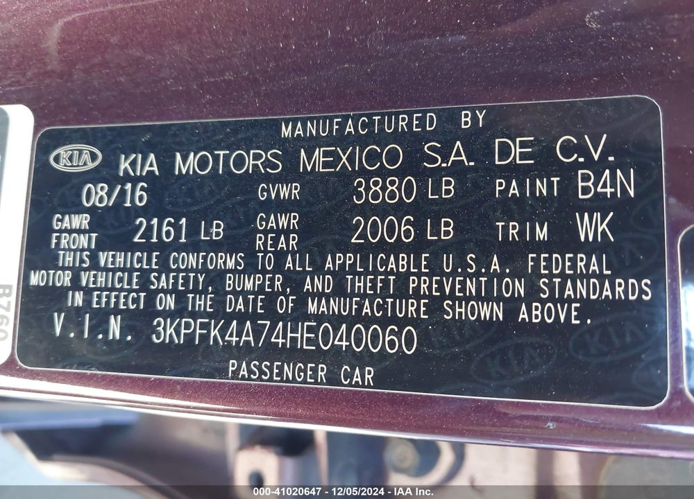 2017 KIA FORTE VIN: 3KPFK4A74HE040060