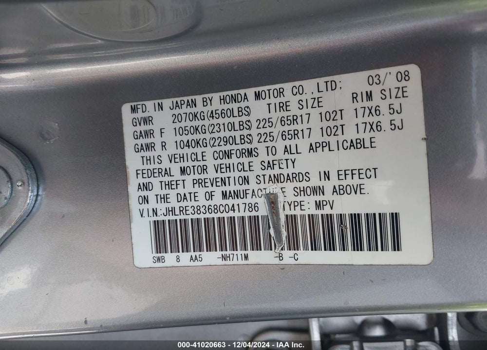 2008 HONDA CR-V LX VIN: JHLRE38368C041786