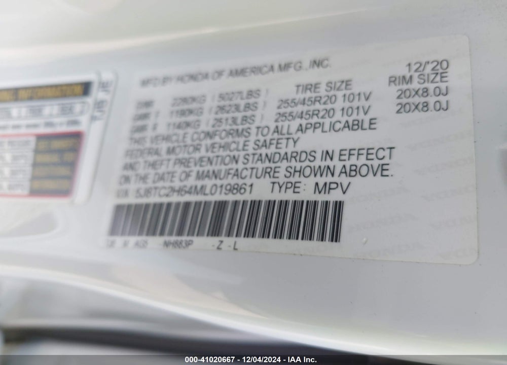 2021 ACURA RDX A-SPEC PACKAGE VIN: 5J8TC2H64ML019861