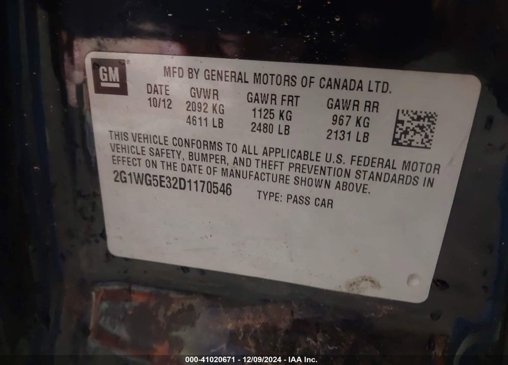 2013 CHEVROLET IMPALA VIN: 2G1WG5E32D1170546