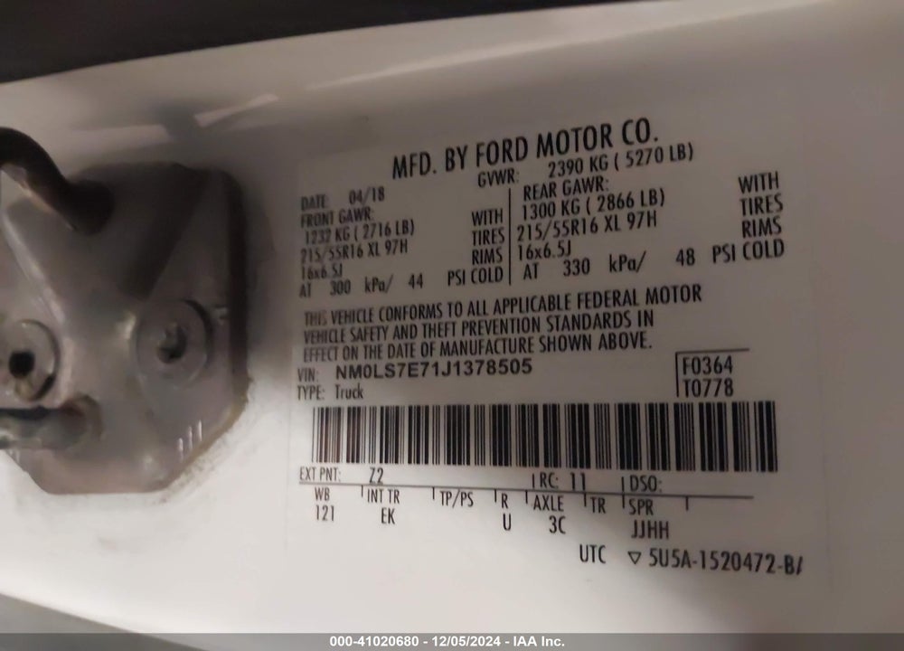 2018 FORD TRANSIT CONNECT VIN: NM0LS7E71J1378505