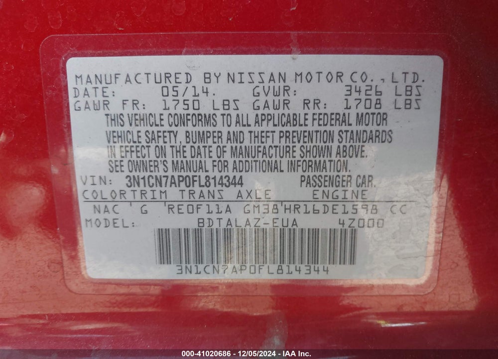 2015 NISSAN VERSA 1.6 S+ VIN: 3N1CN7AP0FL814344