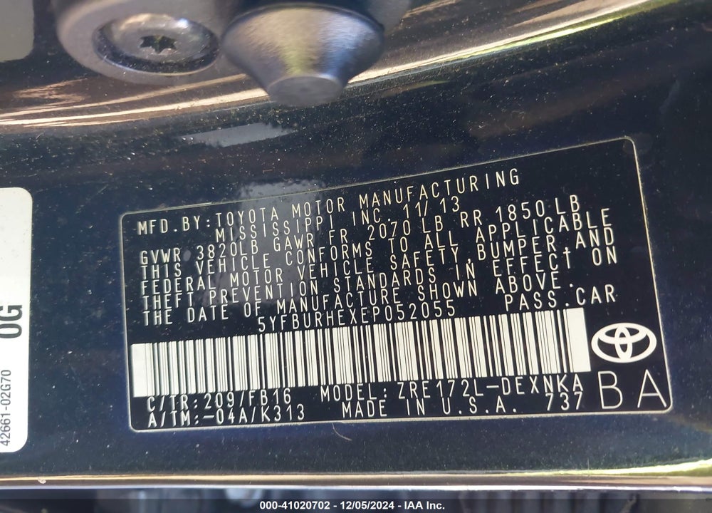 2014 TOYOTA COROLLA VIN: 5YFBURHEXEP052055