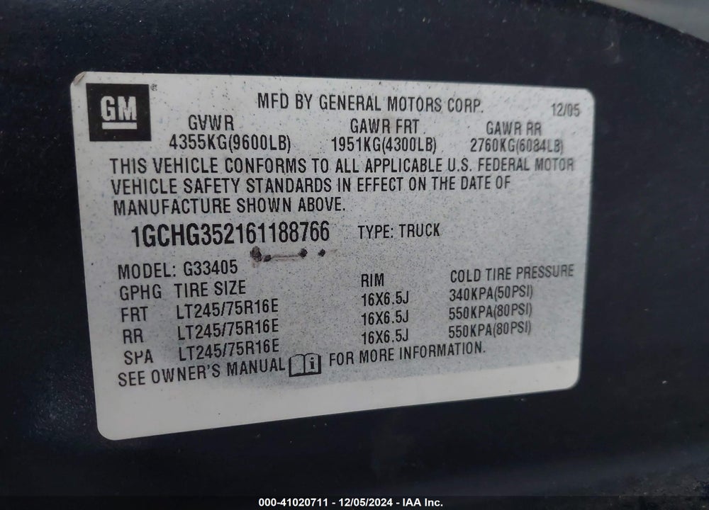2006 CHEVROLET EXPRESS WORK VAN VIN: 1GCHG352161188766