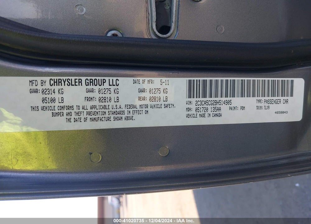2011 CHRYSLER 300 LIMITED VIN: 2C3CA5CG2BH514905