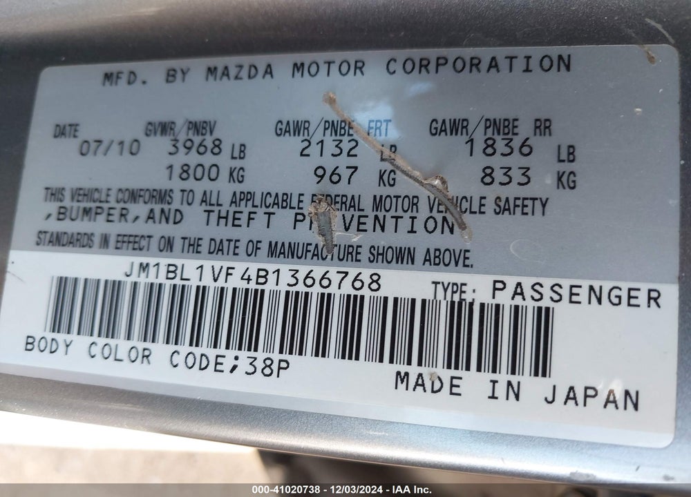 2011 MAZDA 3 I TOURING VIN: JM1BL1VF4B1366768