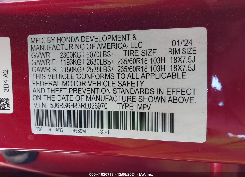 2024 HONDA CR-V HYBRID SPORT-L VIN: 5J6RS6H83RL026970
