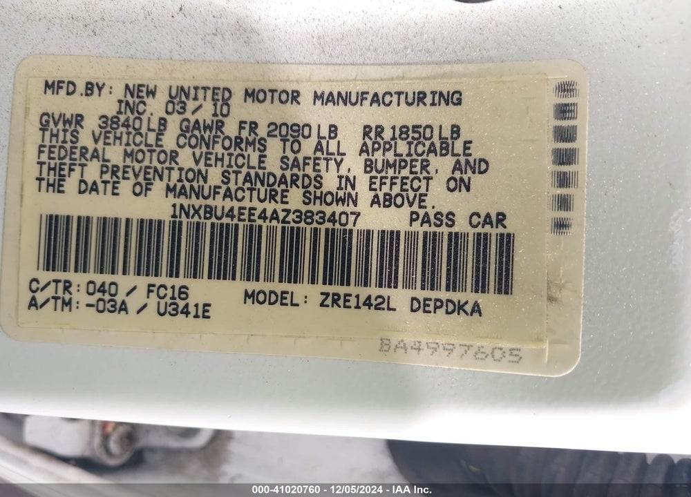 2010 TOYOTA COROLLA LE VIN: 1NXBU4EE4AZ383407