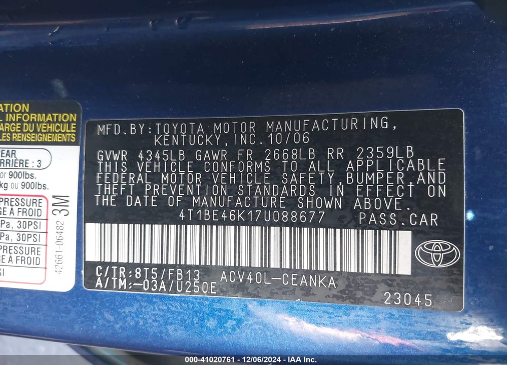 2007 TOYOTA CAMRY LE VIN: 4T1BE46K17U088677