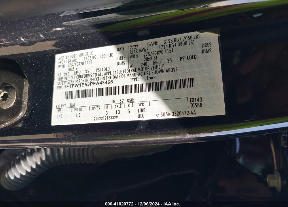 2023 FORD F-150 VIN: 1FTFW1E53PFA43466