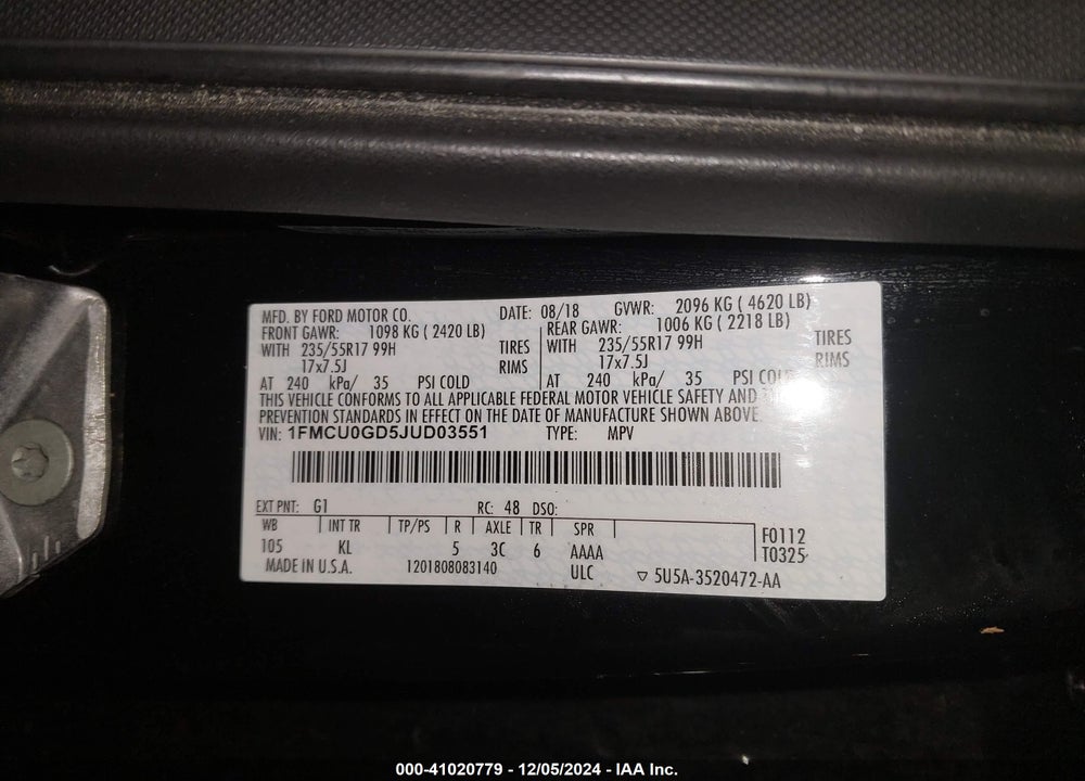 2018 FORD ESCAPE SE VIN: 1FMCU0GD5JUD03551