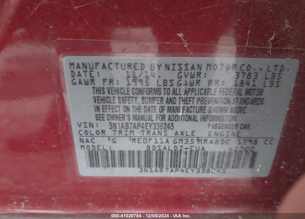 2014 NISSAN SENTRA SV VIN: 3N1AB7AP4EY338245
