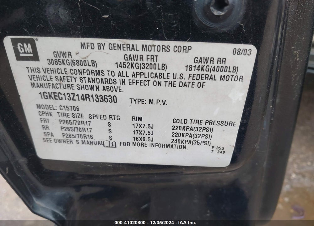 2004 GMC YUKON SLT VIN: 1GKEC13Z14R133630